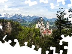 Castle, Mountains, woods, Neuschwanstein
