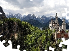 Castle, Mountains, woods, Neuschwanstein