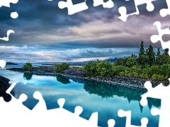 clouds, River, woods, Mountains