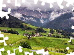 trees, South Tyrol, country, Italy, Fog, woods, Santa Maddalena, Houses, Church, clouds, Dolomites, Mountains, Way, viewes