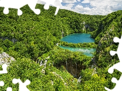 waterfalls, Plitvice Lakes National Park, lakes, trees, clouds, Coartia, woods, green, viewes