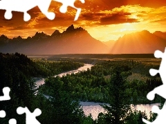 woods, Mountains, sun, River, west