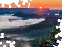 rocks, Saxon Switzerland National Park, Děčínská vrchovina, woods, Sunrise, Germany, viewes, Fog, trees