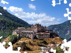 woods, Sky, Houses, Mountains, Castle