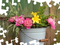 Yellow, Flowers, Pink, Peonies, bucket