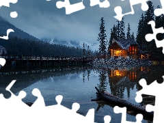 trees, clouds, viewes, reflection, house, twilight, Mountains, Yoho National Park, Canada, bridge, Emerald Lake, lake