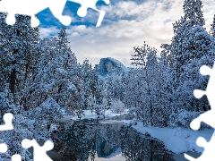State of California, The United States, Yosemite National Park, winter, viewes, clouds, Merced River, trees, Mountains