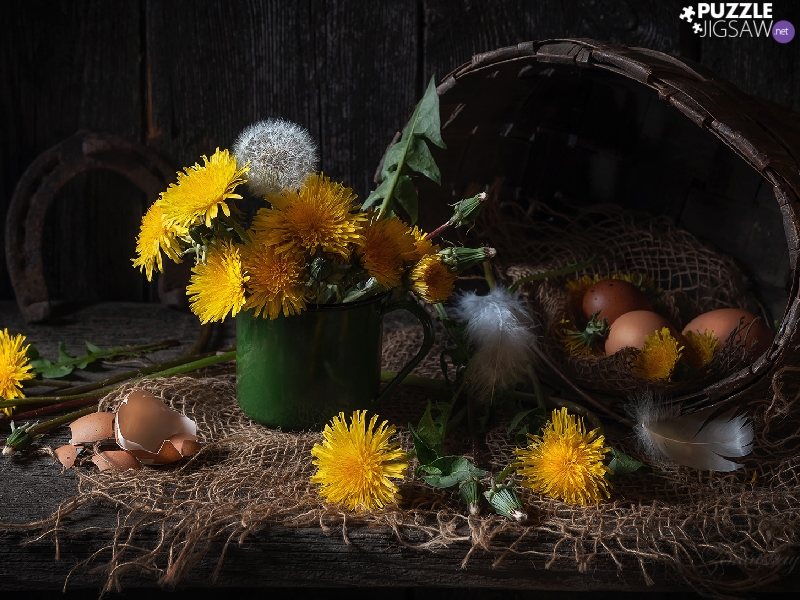 nuns Common, composition, basket, shell, eggs, Flowers