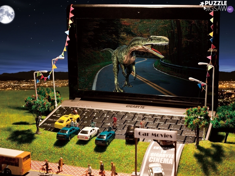 cars, laptop, dinosaur