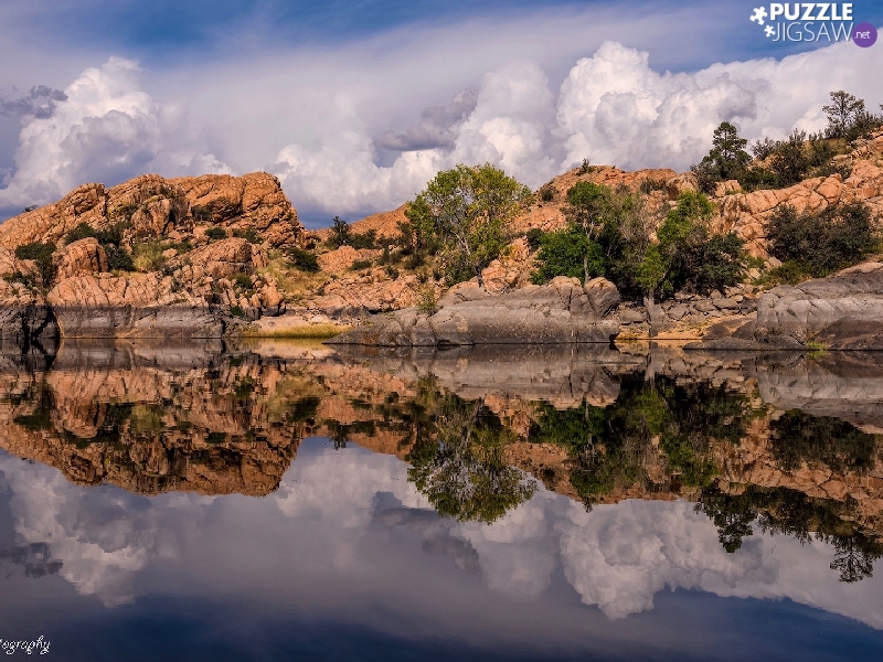 trees, rocks, reflection, clouds, viewes, lake