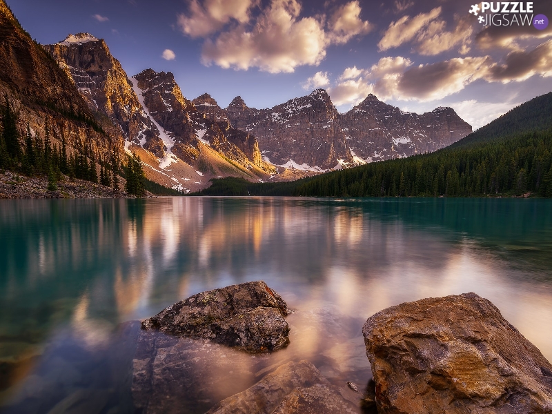 Mountains, Canada, clouds, reflection, Lake Moraine, Banff National Park