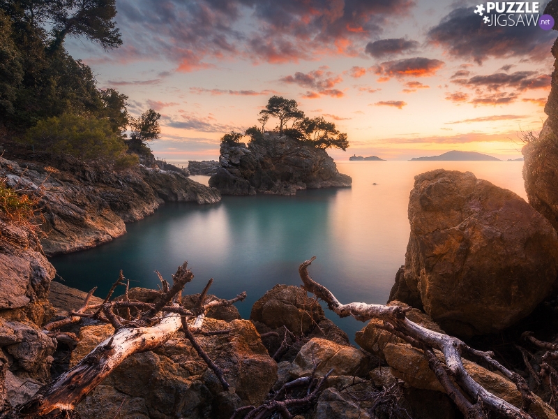 rocks, Stones, Italy, trees, Liguria, sea, Great Sunsets, viewes