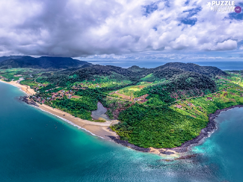 Island, Aerial View, Sky, clouds, sea, Mountains