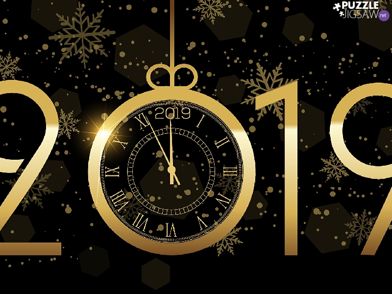 Black, Clock, flakes, 2019, New Year, background, snow