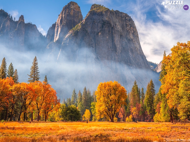 California, The United States, Yosemite National Park, rocks, viewes, Mountains, Fog, trees, autumn