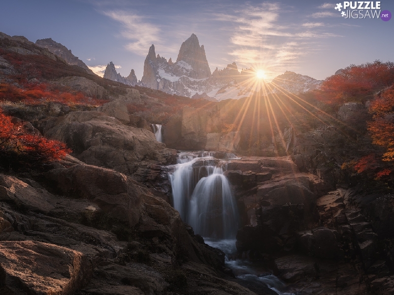 cascade, Patagonia, Fitz Roy, VEGETATION, rays of the Sun, Argentina, mountains, rocks, autumn, River