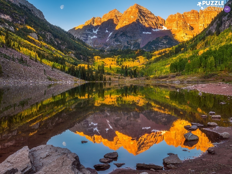 Maroon Lake, trees, The United States, viewes, State of Colorado, Maroon Bells Peaks, rocky mountains, moon