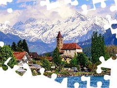 lake, village, Alps, Switzerland, Mountains, Houses