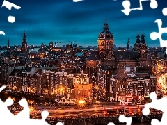 Night, Churches, panorama, Streets, Houses, Amsterdam, town