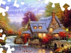 autumn, Thomas Kinkade, River, bridge, house