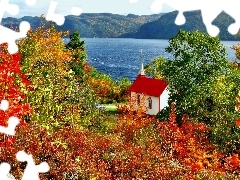 Mountains, church, autumn, lake