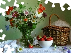 basket, strawberries, different, flowers, bouquet