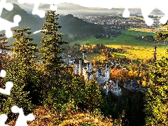 Bavaria, Germany, Schwangau, Neuschwanstein Castle, Mountains, Alps, trees, viewes, autumn