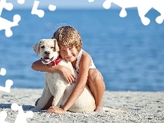 Beaches, water, Puppy, Labrador Retriever, Kid
