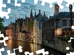 Bruges, Belgium, Houses, canal, morning