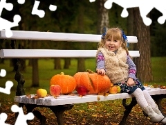 Bench, pumpkin, girl, Park, Kid