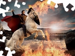 a man, sword, Big Fire, Horse