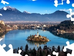 Bled, Slovenia, lake, Island, Mountains