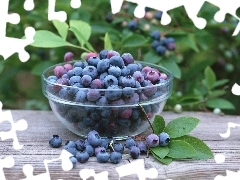 board, leaves, Black, blueberries, bowl