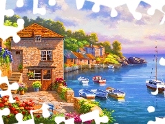 house, sea, boats, terrace