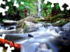 boulders, jungle, waterfall