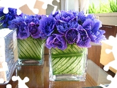 Bouquets, flowers, vases, Blue, glass