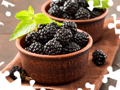 blackberries, Bowls, tea-towel, leaves