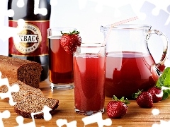 bread, drink, strawberry, dishes, juice