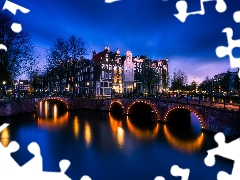River, bridge, Amsterdam, Houses, Netherlands
