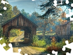 bridges, autumn, Windmill, water, forest