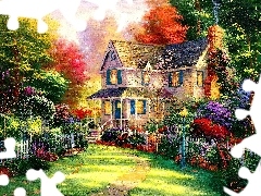viewes, color, Flowers, trees, house, Bush, picture