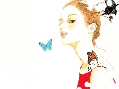 butterflies, Drawing, young, Women, redhead