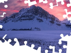 Mountains, winter, Crowfoot Mountain, trees, Banff National Park, Canada, Great Sunsets, Bow Lake, viewes
