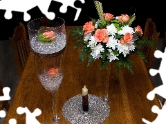 bouquet, Table, Candles, rouge