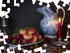 cherries, Fruits, peaches, candle, jug, composition, bell, Spoons, cup