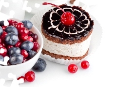 cherries, cake, blueberries