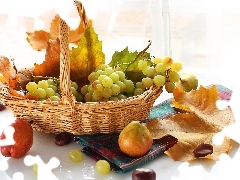 chestnuts, basket, autumn, Leaf, Fruits