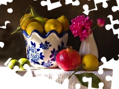 Colourfull Flowers, navy blue, china, lemons