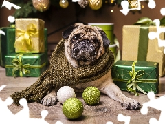 Scarf, pug, baubles, christmas, gifts, dog