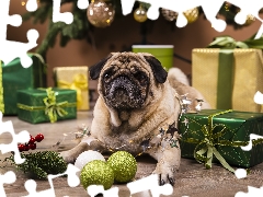 gifts, christmas, pug, baubles, dog